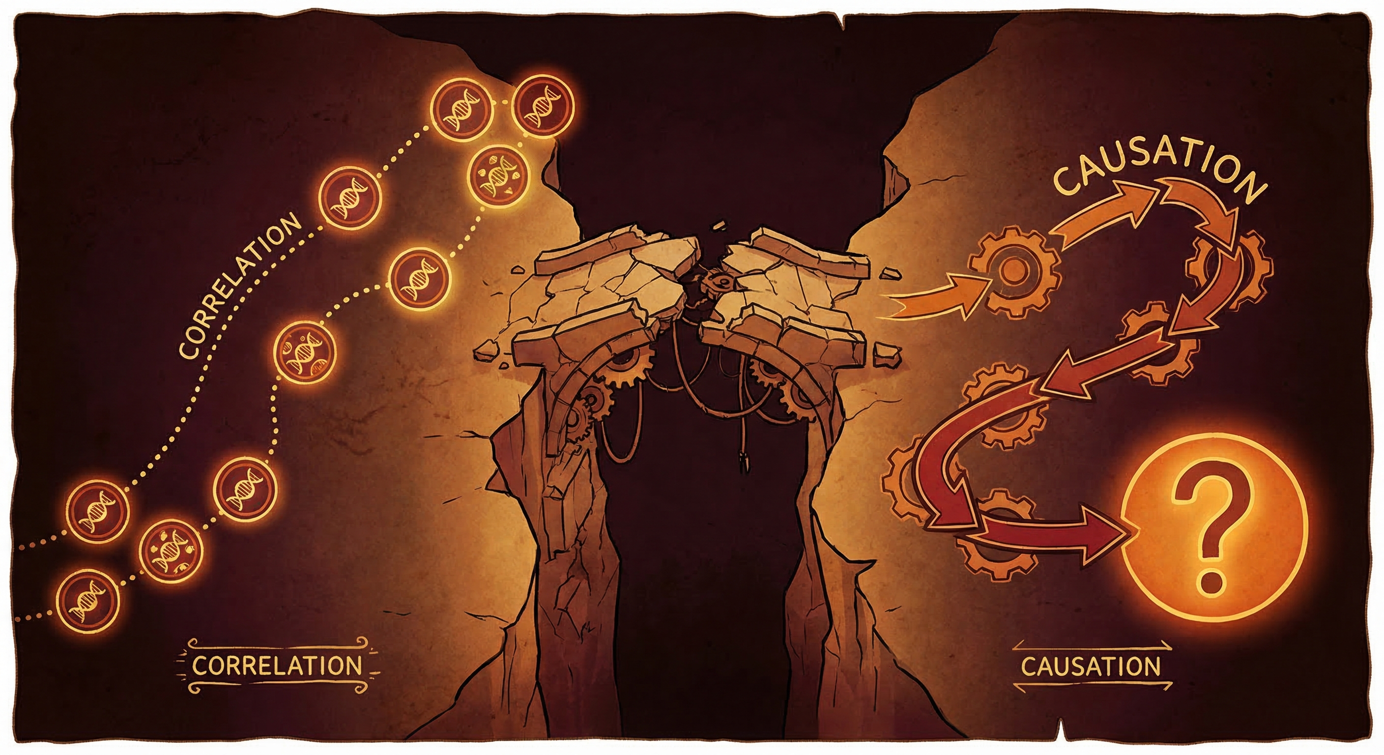The gap between correlation and causation in biology — broken bridge between two pathways